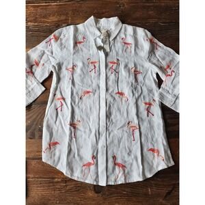 Chico's vintage White Linen Flamingo Embroidered Button Down Shirt Womens Size 0
